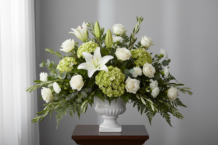 Centro funerario elegante en tonos blancos y verdes – arreglo para tanatorio en Madrid